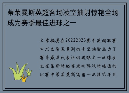 蒂莱曼斯英超客场凌空抽射惊艳全场成为赛季最佳进球之一