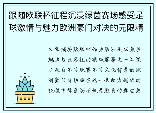 跟随欧联杯征程沉浸绿茵赛场感受足球激情与魅力欧洲豪门对决的无限精彩